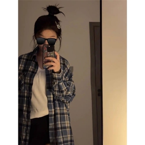 美式潮牌蓝色长袖格子衬衫男女生宽松百搭复古休闲慵懒感衬衣外套图片