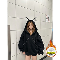 480G重磅加绒硬挺boxy男女美式高街卫衣铆钉杜宾犬耳朵开衫厚外套，女装短外套，电商A486-1