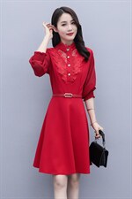 2021春季新款时尚气质立领灯笼袖拼花边连衣裙配腰带，女装连衣裙，岚衣(原川流布茜）