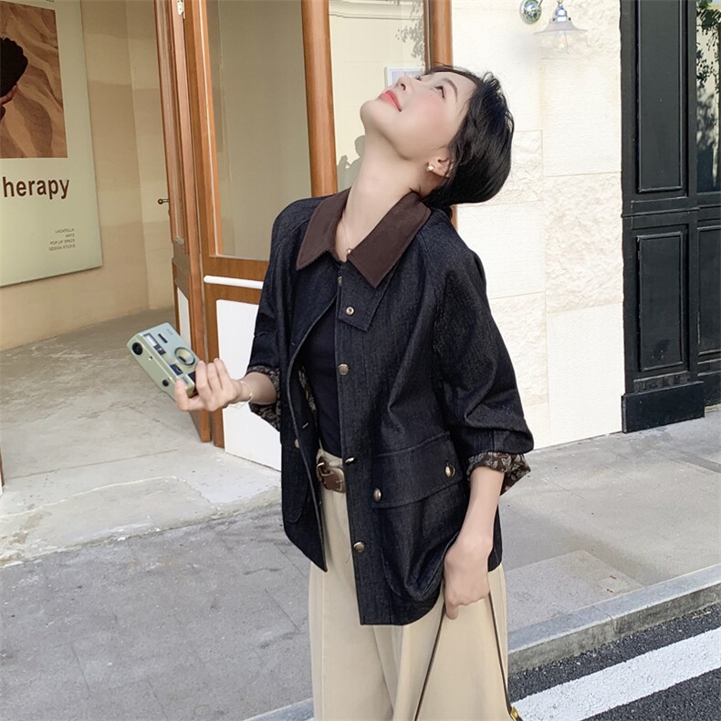 深蓝色复古撞色翻领牛仔短外套女2025秋季小个子气质休闲夹克上衣,女装短外套,2C092