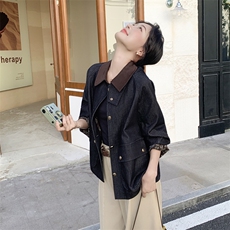 深蓝色复古撞色翻领牛仔短外套女2025秋季小个子气质休闲夹克上衣，女装短外套，2C092
