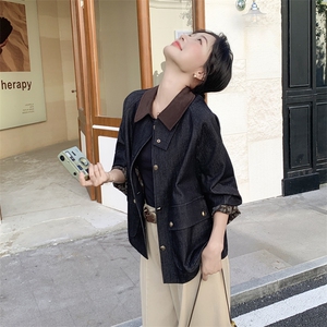 深蓝色复古撞色翻领牛仔短外套女2025秋季小个子气质休闲夹克上衣图片