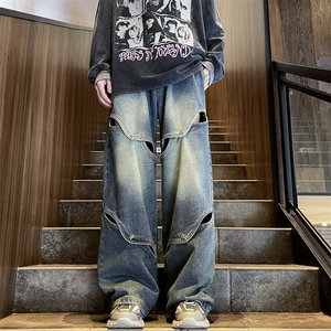 美式小众设计感破洞牛仔裤男款水洗做旧宽松直筒长裤 K7457-P49图片