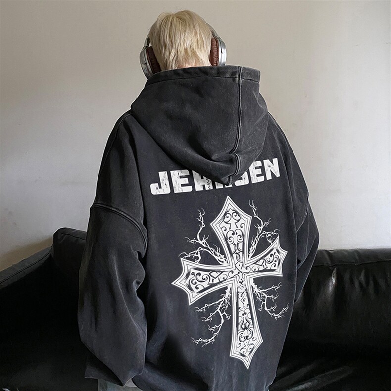 美式复古大码卫衣十字架印花连帽情侣外套JK23385特p53-控88,女装短外套,星座605(原A050)