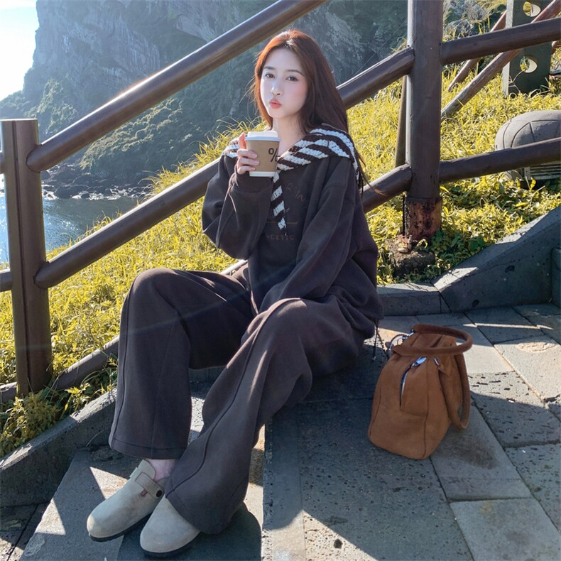 条纹披肩卫衣阔腿裤时尚套装女2025春秋季新款韩版显瘦减龄两件套,女装套装/套裙,2C305