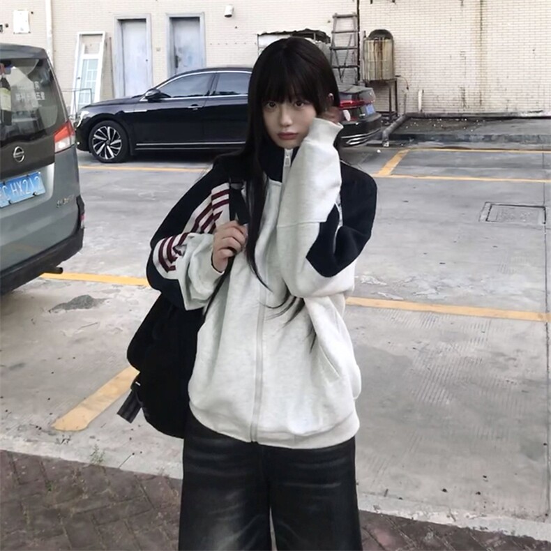 抖音得物高品质美式高街重磅结构织带拼接撞色立领卫衣外套CM41,男装卫衣,电商A486