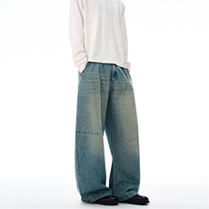 2025秋冬日系韩版弧形褶皱休闲牛仔裤男直筒宽松复古蓝弯刀长裤子，男装牛仔裤，星座301D-3