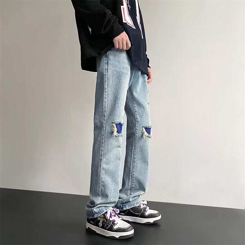 美式街头设计破洞直筒修身水洗牛仔浅色休闲裤A068-TZK189-TP68,男装休闲裤,电商A068