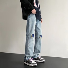美式街头设计破洞直筒修身水洗牛仔浅色休闲裤A068-TZK189-TP68，男装休闲裤，电商A068