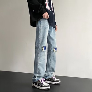 美式街头设计破洞直筒修身水洗牛仔浅色休闲裤A068-TZK189-TP68图片