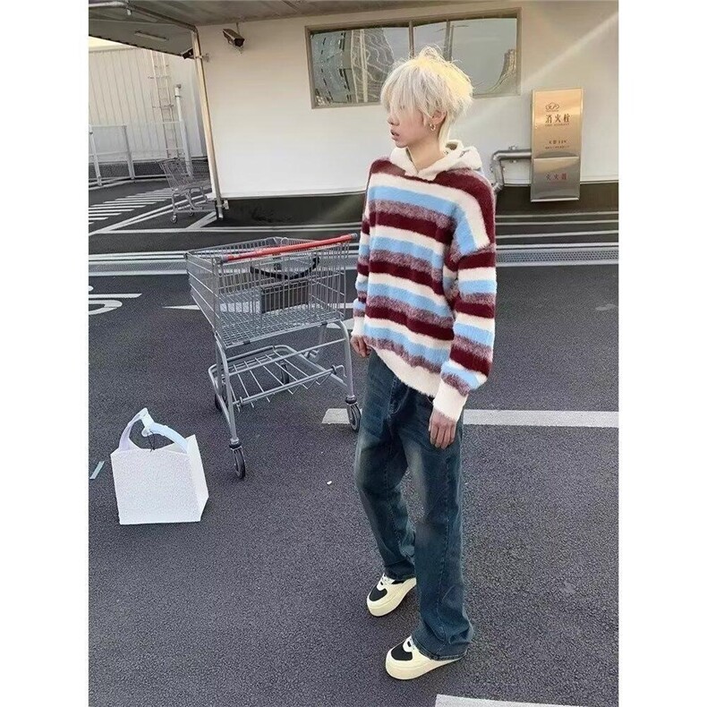美式复古蓝白条纹连帽毛衣男女秋冬季慵懒风撞色高级感情侣针织衫,男装针织衫/毛衣,星座506A