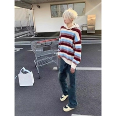 美式复古蓝白条纹连帽毛衣男女秋冬季慵懒风撞色高级感情侣针织衫，男装针织衫/毛衣，星座506A