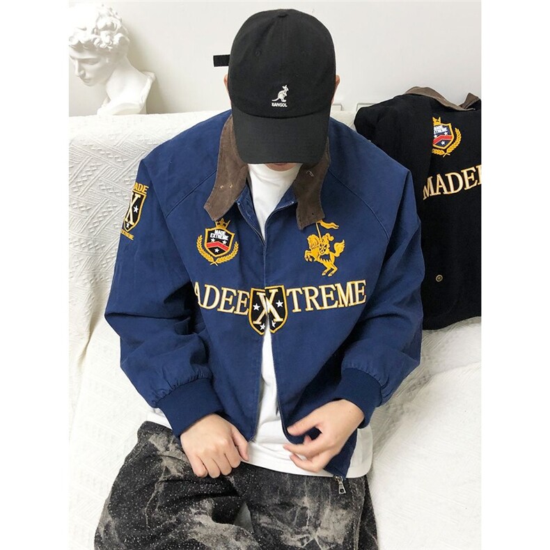 秋冬新款美式复古街头高级感刺绣翻领夹克宽松潮流小众个性外套,男装皮衣,星座506A