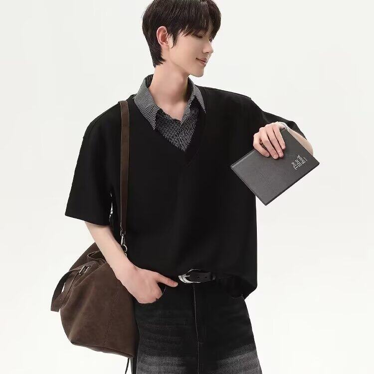 T71假两件格子polo衫短袖t恤男新款美式复古拼接衬衫领上衣，男装T恤，星座308A-1（原309B-1）