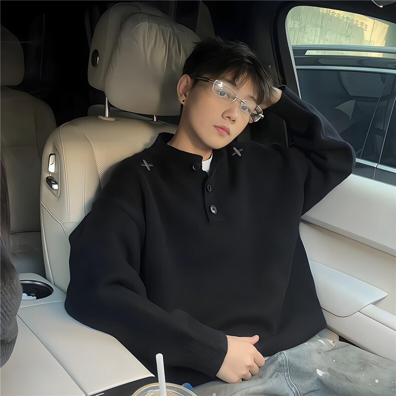 秋冬季潮牌亨利领刺绣毛衣情侣痞帅针织衫痞帅上衣AMY05,男装针织衫/毛衣,星座516A