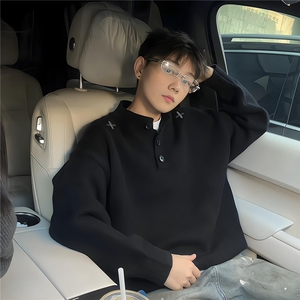 秋冬季潮牌亨利领刺绣毛衣情侣痞帅针织衫痞帅上衣AMY05图片
