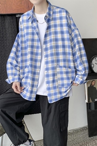 秋装新款 长袖衬衫男潮流宽松格子衬衣潮牌港风休闲外套 H211/P45图片
