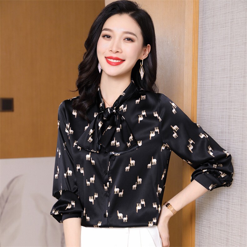 蝴蝶结领结重磅真丝衬衫女士长袖印花真丝上衣衬衣时尚气质秋装,女装衬衫,阿舍尔精品