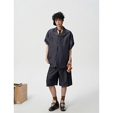 8XL-M夏季简约高级感冰丝牛仔古巴领男休闲痞帅宽松套装潮TZ109，男装休闲套装，电商D206-1