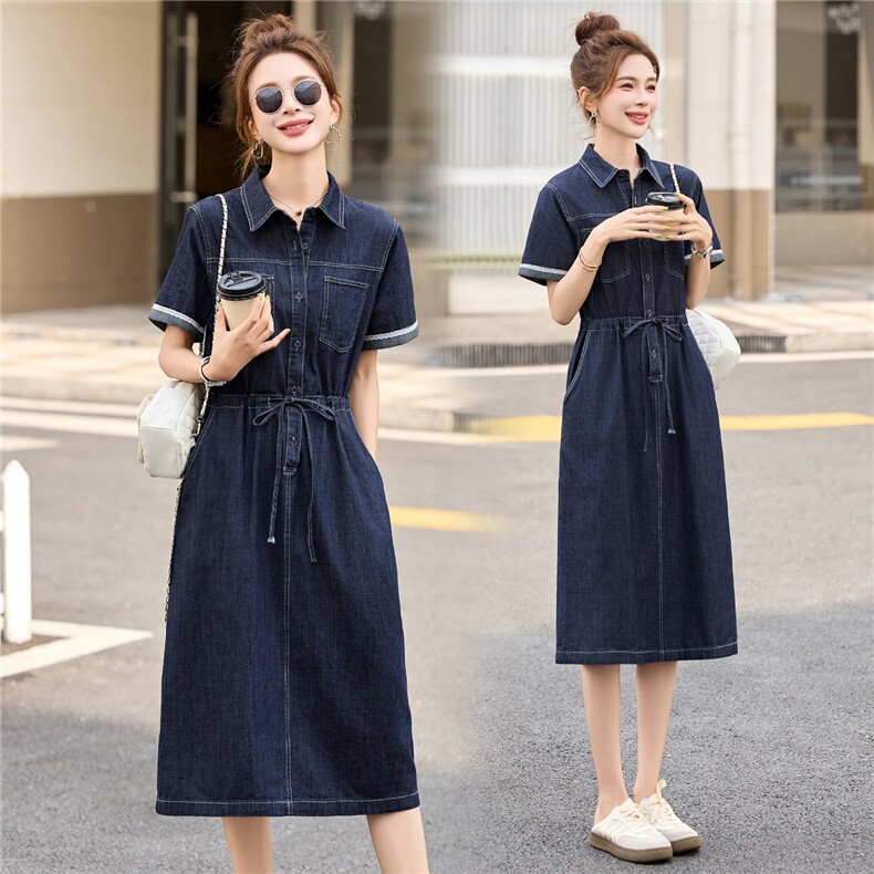 2025夏季新款巨好看的连衣裙高级感超火减龄收腰显瘦牛仔衬衫裙子，女装连衣裙，布芭啦