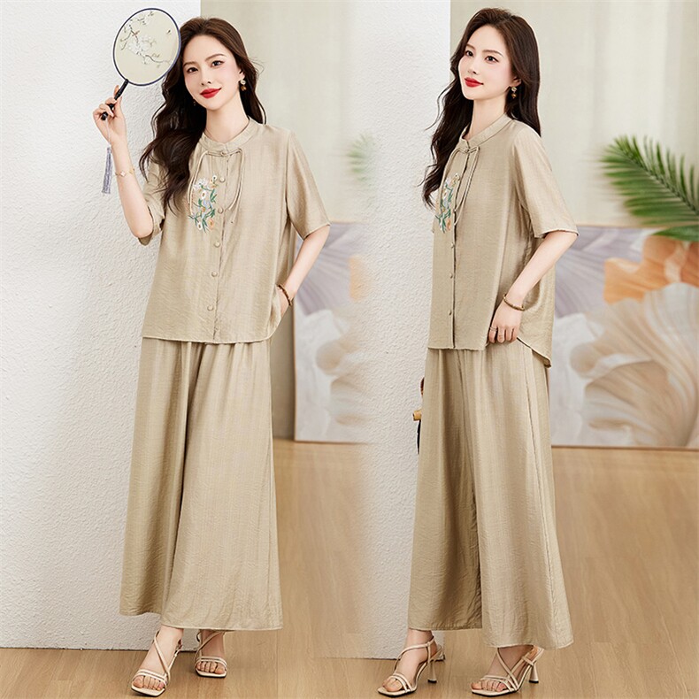 中国风短袖棉麻套装女2025夏新款时尚洋气巨显瘦遮肉阔腿裤两件套，女装套装/套裙，魅影