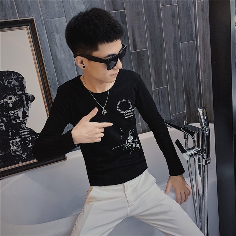 5秋季长袖修身T恤水仙刺绣社会小伙韩版潮男打底衫C301B-CT16,男装T恤,电商C301B