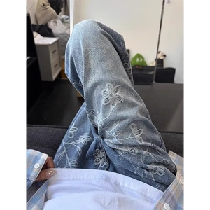 潮牌男士提花牛仔裤美式复古春秋冬季新款时尚男裤子修身直筒长裤图片