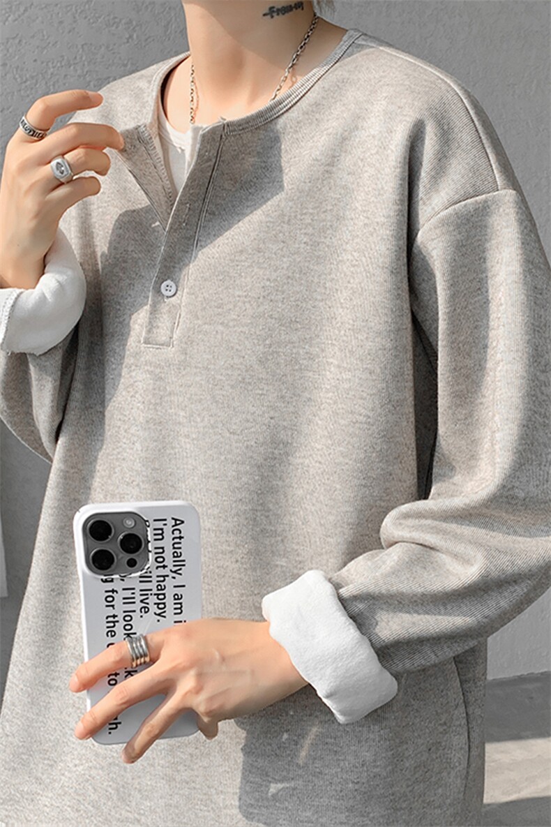 高克重DD1013-P48加绒P58糯米面料假两件加厚亨利领长袖男卫衣,男装针织衫/毛衣,电商A059