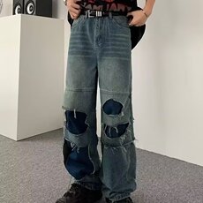 美式复古破洞牛仔裤女春秋款小众设计感拼接直筒裤子宽松阔腿长裤，男装牛仔裤，星座506A