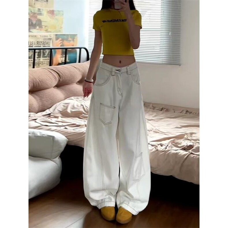 美式高街白色设计感弯刀牛仔裤女春夏新款宽松显瘦高腰阔腿拖地裤,男装牛仔裤,星座506A