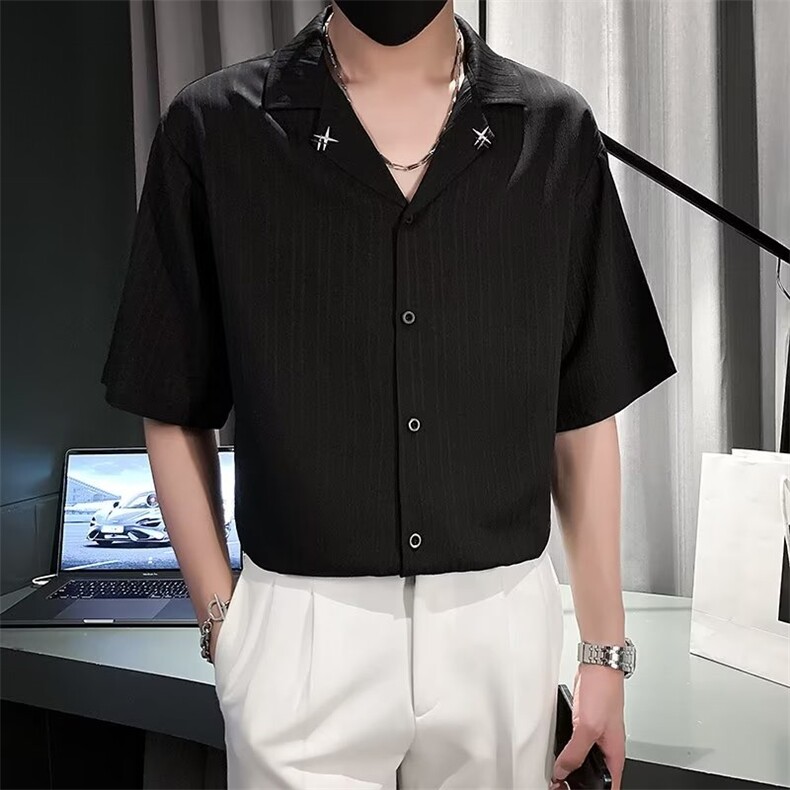 夏季短袖衬衫男痞帅冰丝半袖衬衣2023男士休闲五分袖上衣C202,男装衬衫,星座1116A-2（原606A-1）