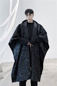 山本暗黑风高定立体图案连帽斗篷中长款风衣潮A452--687图片