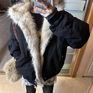 现货高品质美式高街冬季重磅硬挺短款座山雕毛领棉衣男女加厚外套图片