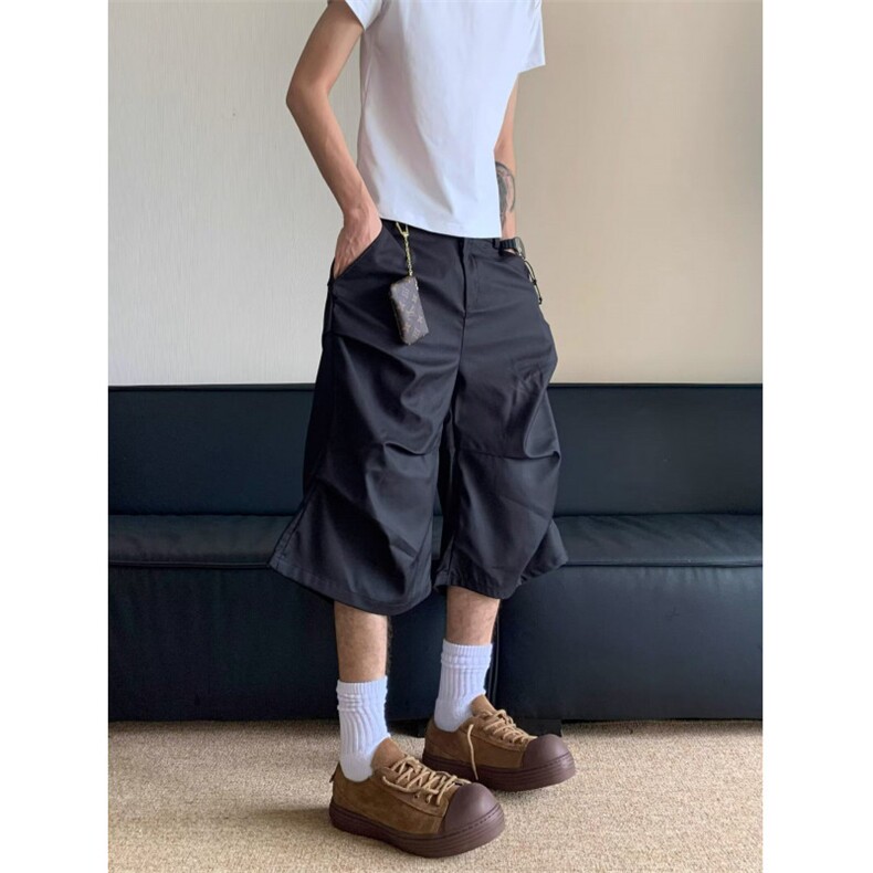 潮牌设计感撞钉褶皱休闲短裤男cleanfit痞帅阔腿七分裤D069-P38，男装牛仔裤，星座308B-2