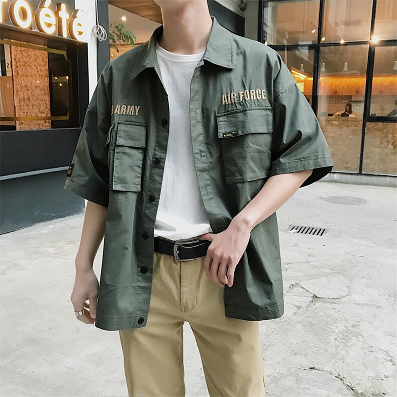 100%棉1港风2021夏装新款短袖衬衫五分袖衬衣男生款大码8863,男装衬衫,电商D240-242