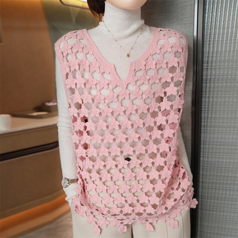 重工刺绣钩花100%羊毛马甲女V领花朵镂空毛衣背心宽松羊绒衫坎肩，女装背心吊带，冀清阳荣