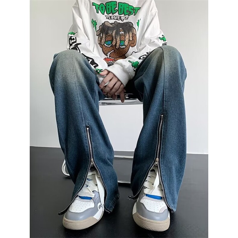 复古蓝做旧拉链牛仔裤男女春秋街头微喇拖地裤子显腿长潮~N1523,男装牛仔裤,星座601-2