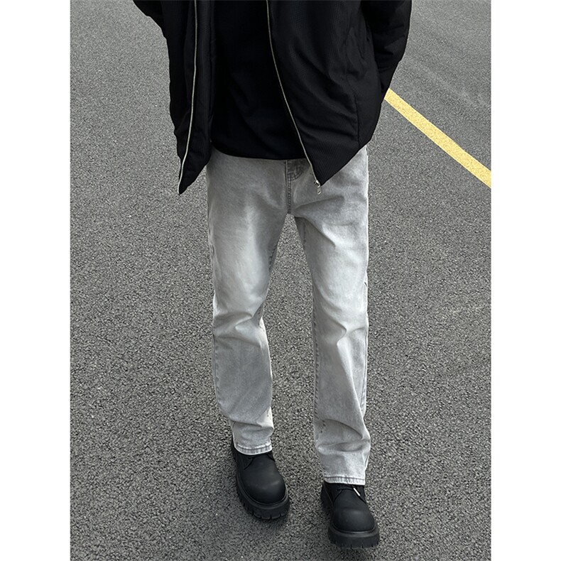 B221美式高街水泥灰弹力直筒牛仔裤LK24146-P60控79 加绒P70控99图片