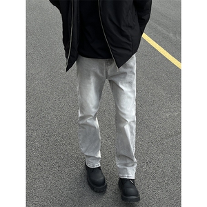 B221美式高街水泥灰弹力直筒牛仔裤LK24146-P60控79 加绒P70控99图片