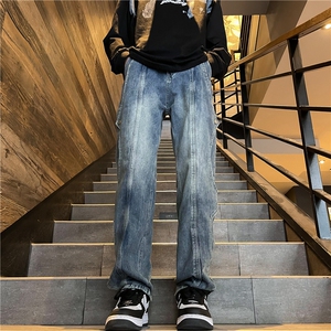 DK133-P53美式高街解构牛仔裤男春季潮牌设计感宽松直筒裤长裤,女款橙色短袖搭配图片图片