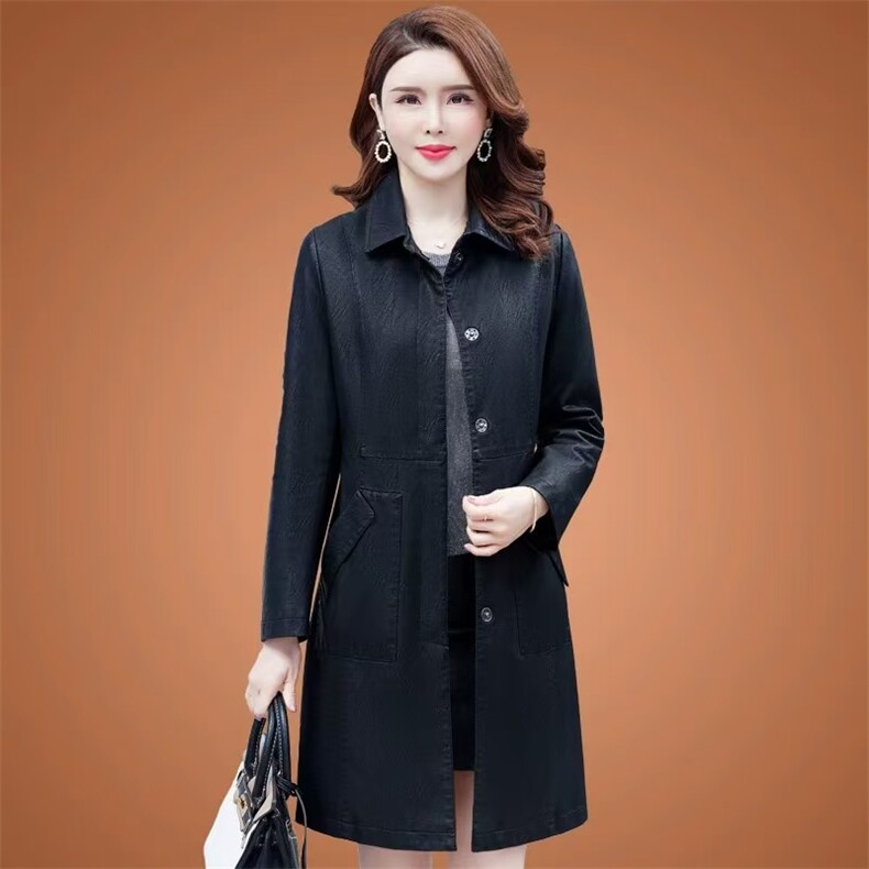 擦色时尚气质皮衣女中长款娃娃领修身显瘦中年妈妈装风衣外套,女装风衣,泰合衣坊