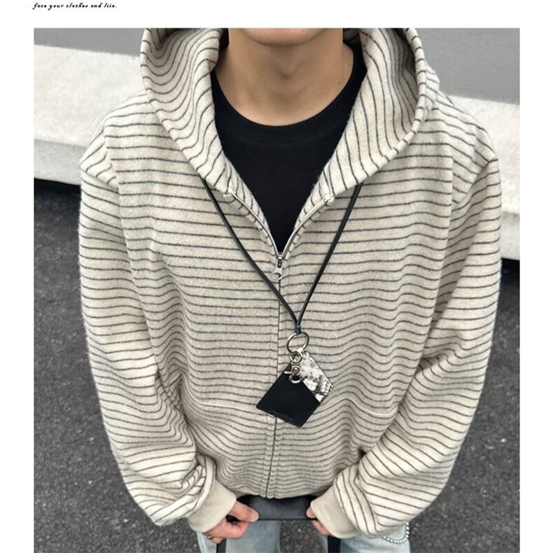 美式复古条纹连帽卫衣男秋季高级感复古脉冲风穿搭拉链开衫外套,男装夹克,星座1013-1