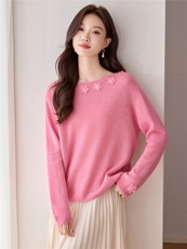 温柔独特气质上衣女秋冬季100羊毛打底衫时尚洋气立体花朵毛衣，女装羊毛衫，艾米