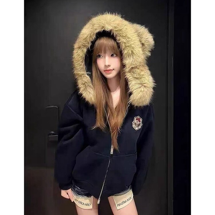 潮牌藏青色小熊耳朵毛领卫衣女秋冬2025新款宽松学院风开衫外套,女装短外套,星座218-8