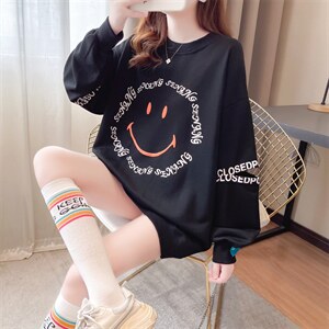 25棉韩版宽松大码印花拼接破洞中长款薄款小卫衣女图片
