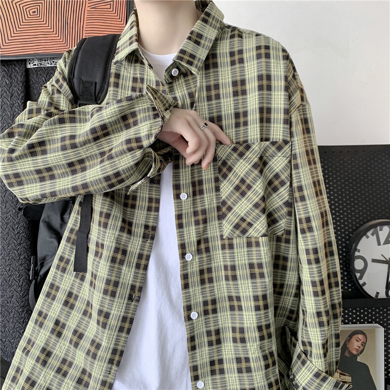 港风21秋装港风日系格子潮流休闲宽松长袖衬衫中性情侣H210/P45,男装衬衫,钱塘713