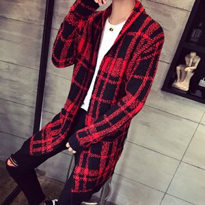 8475 2021秋冬新款无扣中长款开衫男 格子毛衣针织衫 P100 黑色图片