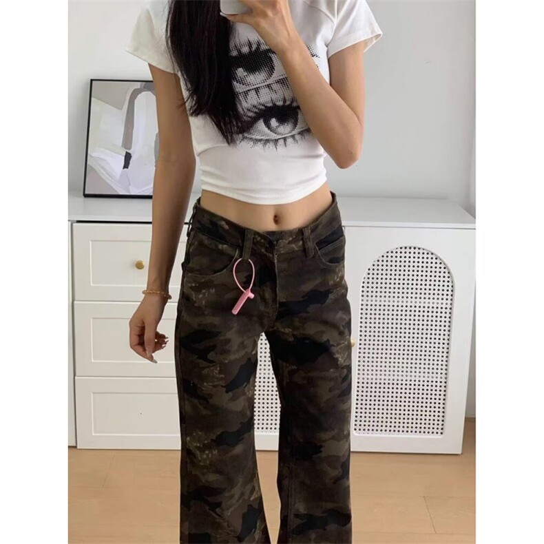 美式复古迷彩工装微喇牛仔裤女喇叭裤拖地裤子KZ144-P45,男装牛仔裤,星座308B-2
