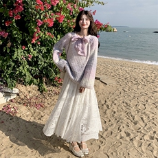 2025秋前后两穿蝴蝶结渐变毛衣蕾丝半身裙两件套2C133-P145-K198，女装套装/套裙，2C133