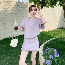 韩系高级感夏季套装女2025新款木耳边拼接收腰短袖上衣半身裙套装，女装套装/套裙，2C050